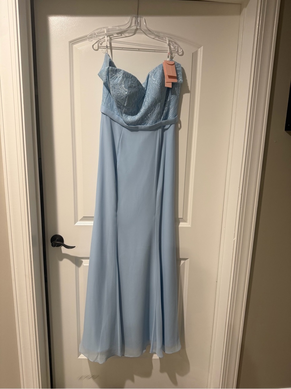 Strapless Light Blue Lace Bodice Maxi Dress